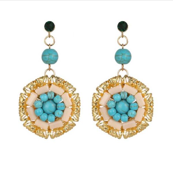 

stud light yellow gold color flower green turquoises stone earrings with rhinestone temperament jewelry, Golden;silver