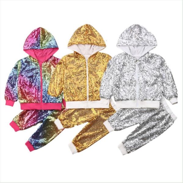 

kids girls autumn winter outfits sequin zipper long sleeve pullover pants tracksuit clothes children arrival 2pcs, White