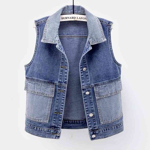 

jacket spring summer korean fashion denim women waistcoat stripe splicing big pocket jeans vest blue sleeveless jacket coat female, Black;brown