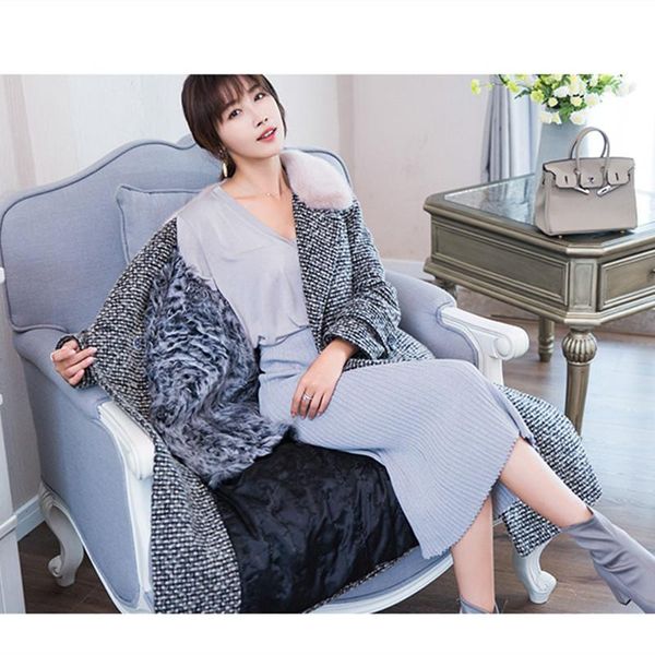 

women's fur & faux tweed wool female real coat long detachable lamb liner winter jacket natural mink collar coats 18070, Black