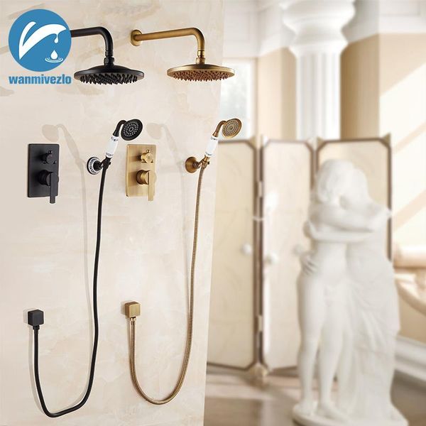 

wall mount bath shower mixer tap concealed bathroom shower faucet mixer brass antique 8" rainfall with handshower set