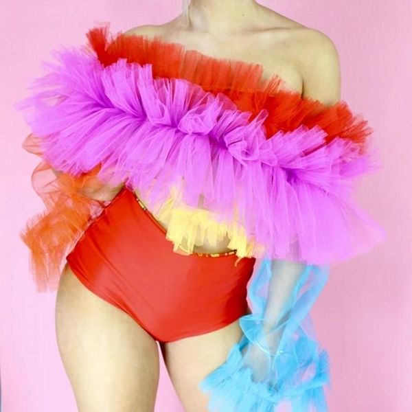 

rainbow tulle women with see thru long sleeves off the shoulder ruffles tutu blouses 2021 blusas women's & shirts, White