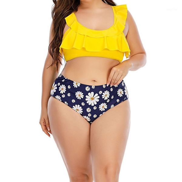 

women's swimwear bikinis set 2021 fashion lady printed ruffled plus size bikini high waist split swimsuit, White;black