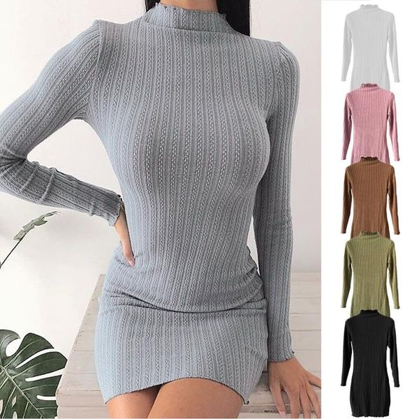 

casual dresses fashion women knitted long-sleeved slim dress ladies bag hip winter warm solid color sweater, Black;gray