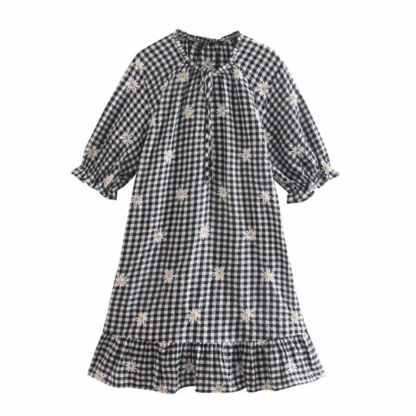

summer women flower embroidery o neck lace up plaid mini dress female puff sleeve clothes casual lady loose vestido d7585 210430, Black;gray