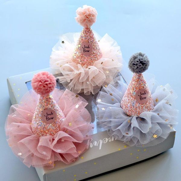 

korean version of children's hair ornaments handmade baby birthday hat hairpin shiny piece star yarn tiara accessories, Slivery;white