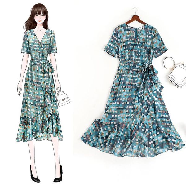 

casual dresses 2021 women summer puffy large shows thin temperament v-neck short sleeve chiffon dress female 10981 for big sizes, Black;gray