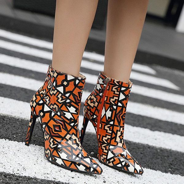 

boots ladies pu leather zipper female fashion women's autumn mixed color ankle pointed toe thin high heels sandals shoes, Black