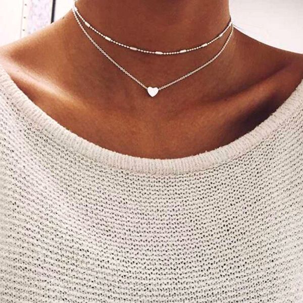 

lovely style 2 layers love heart adjustable pendant necklace multilayer chain choker necklaces, Silver