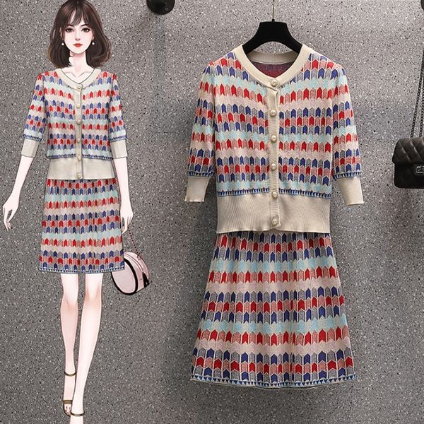 

fashion knitted sweater skirt two piece set women's casual elegant single-breasted cardigan + a-line mini skirts outfits 210518, White