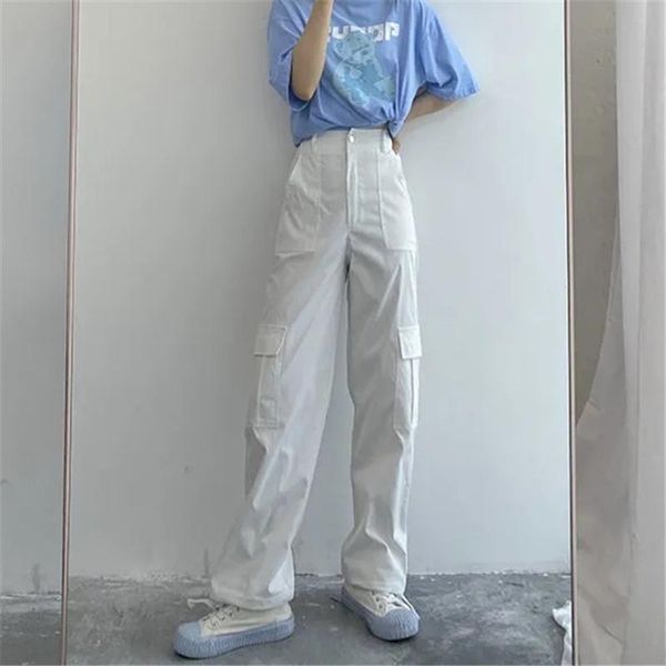 

women's jeans women high-waist streetwear pockets wide leg cargo pants vintage straight korean style denim ulzzang leisure trousers, Blue