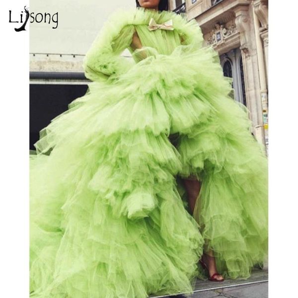 

party dresses chic lemon green lush tutu evening full sleeves 2021 high low long prom gowns ruffles tiered tulle dress, White;black