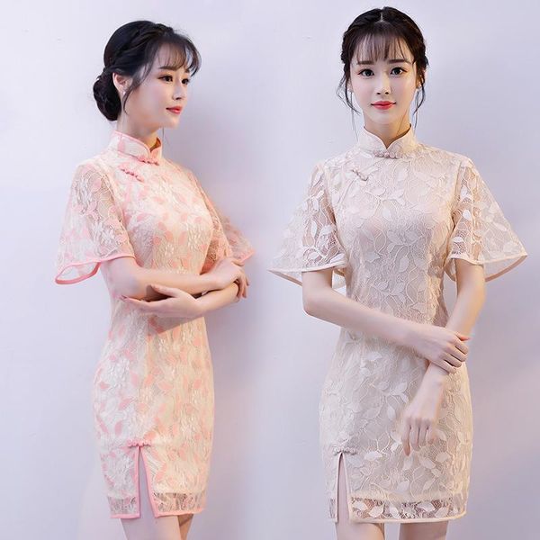 

women slim lace chinese traditional dress lady short sleeve cheongsam ancient vestido oriental qipao evening party dresses 90, Red