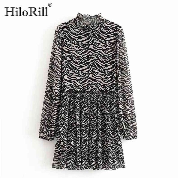 

women print mesh dress transparent long sleeve mini es stand collar vintage pleated lady vestido mujer 210508, Black;gray
