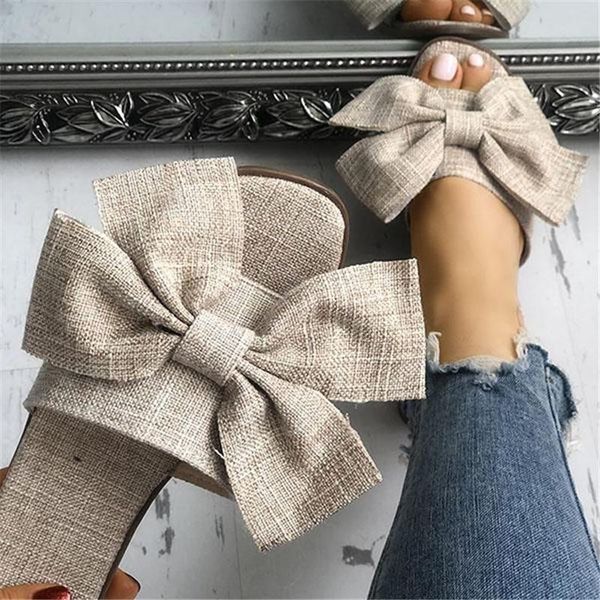 

slippers vertvie summer beach women big bow linen flip flops female casual flax sandals floral indoor shoes non slip, Black