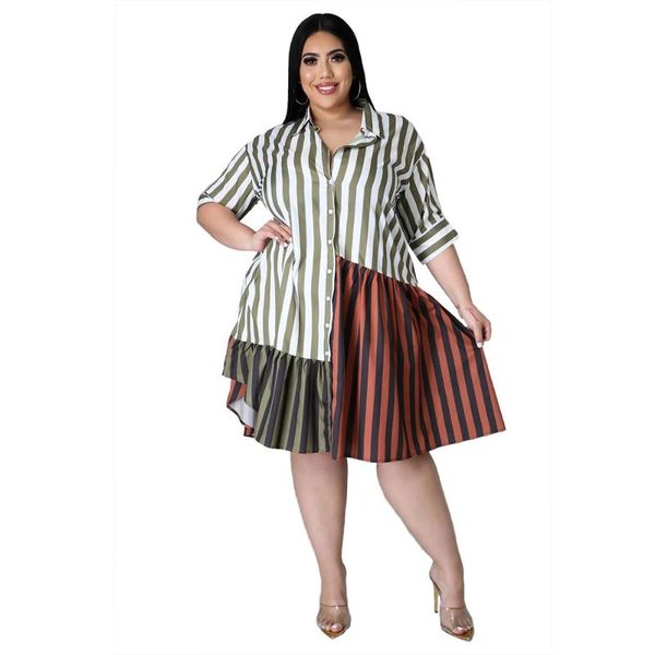 

plus size dresses women shirt dress 2021 fashion striped short sleeve summer turn down collar loose casual 3xl 4xl 5xl, Black