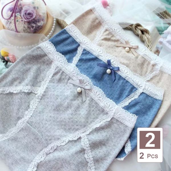 

2pieces/lot women cotton panties of large size with high waist lace bow cute cotton briefs plus size kawaii underwear female 7xl, Black;pink
