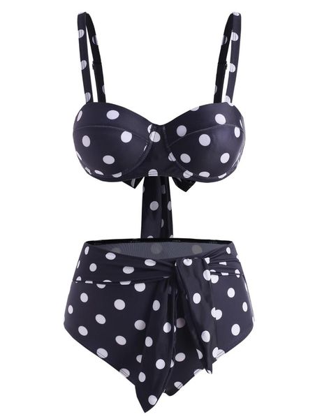 

women's swimwear polka dot underwire belted high waisted bikini, White;black