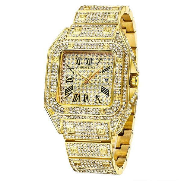 

wristwatches pintime hip hop men watch diamond iced out calendar male quartz wristwatch relogio masculino reloj hombre, Slivery;brown