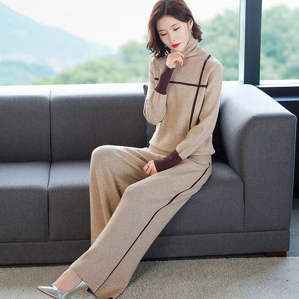 

two piece dress knitted tracksuit women set pullover jumper sweater long sleeve turtleneck sweatshirt sweatpants casual clothes outfit, White