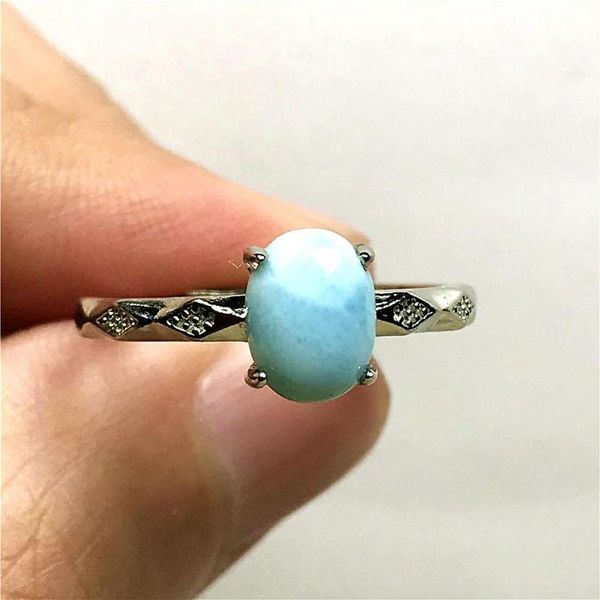 

cluster rings 8x6mm real natural blue larimar adjustable ring for woman man crystal silver oval beads water pattern stone jewelry, Golden;silver