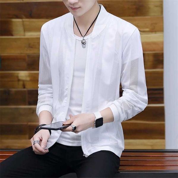 

transparent stripe solid cool jackets men sun protection clothing summer casual jacket skin thin coat male plus size m-5xl 211110, Black;brown