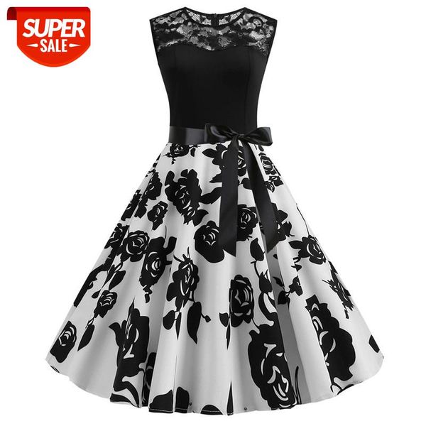 

Vintage Hepburn Style Dress Women Plus Size Lace Up Lace Print Dress Ladies Elegant Spring Summer Sleeveless Swing Party #0a53, White;black