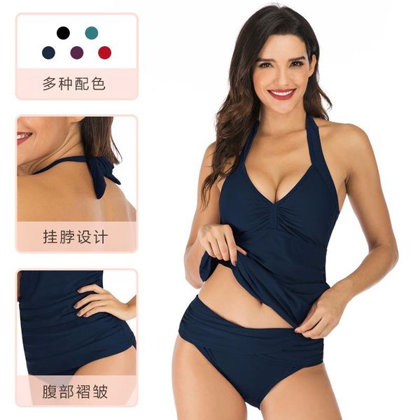 

swimsuits 2021 women's solid color neck european and american split women one-piece suits