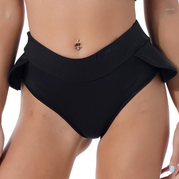 

yoga outfit tiaobug black women pure color elastic waistband ruffle trim stretchy sport shorts for gym workout fitness dance