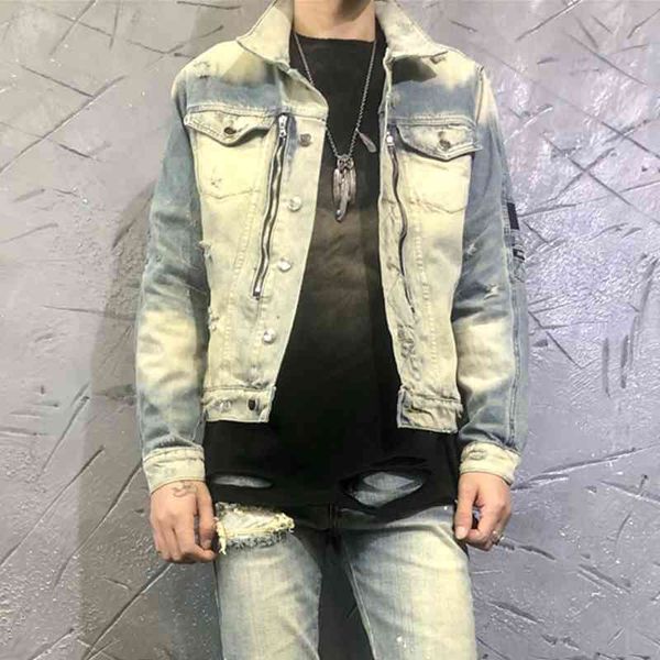 

men's jackets american streetwear fashion men retro spliced designer ripped denim punk coats patchwork hip hop chaque, Black;brown