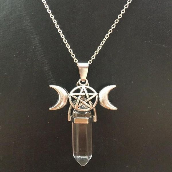 

pendant necklaces triple moon goddess choker hexagonal reiki natural stone necklace gothic chain for women gift bijoux, Silver