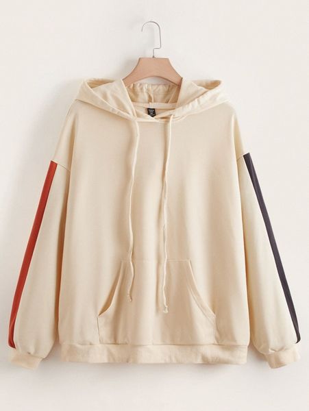

plus drop shoulder contrast side seam drawstring hoodie 17ab#, Black