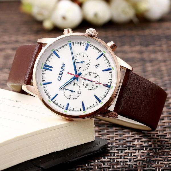 

wristwatches cle brand innovative design of quartz watch three eyes and six needles waterproof leather men's with calendar, Slivery;brown