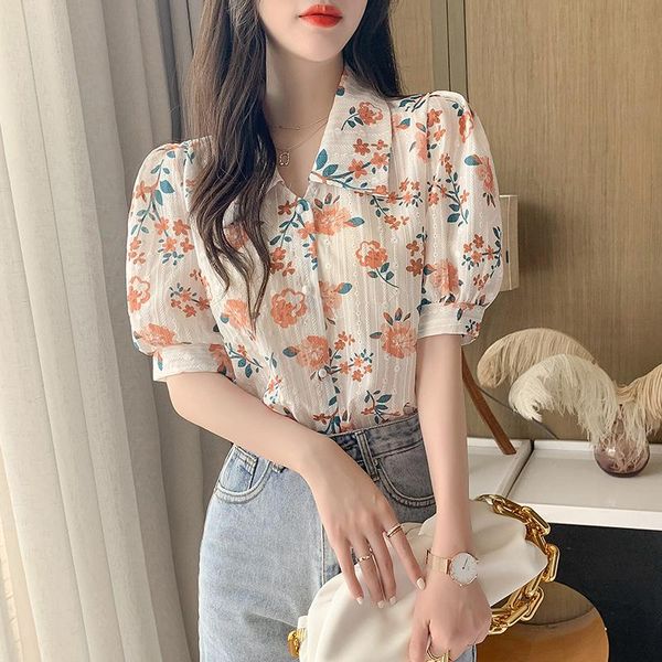 

women's blouses & shirts bubble sleeve collar shirt summer wear 2021 gentle french retro temperament floral chiffon, White