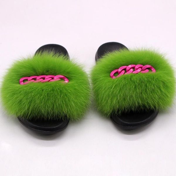

summer real raccoon lady fur slippers cute fluffy furry rose red chain decoration indoor sandals for women tx39, Black