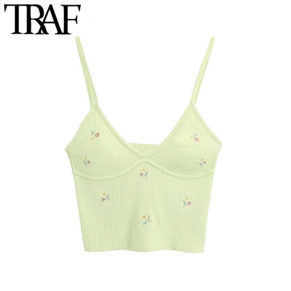 

women sweet fashion floral embroidery cropped knitted blouses vintage backless thin straps female shirts chic 210507, White