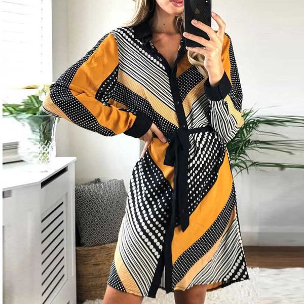 

2021elegant turn-down collar button party women autumn leopard patchwork print mini lady long sleeve bandage shirt dress, Black;gray