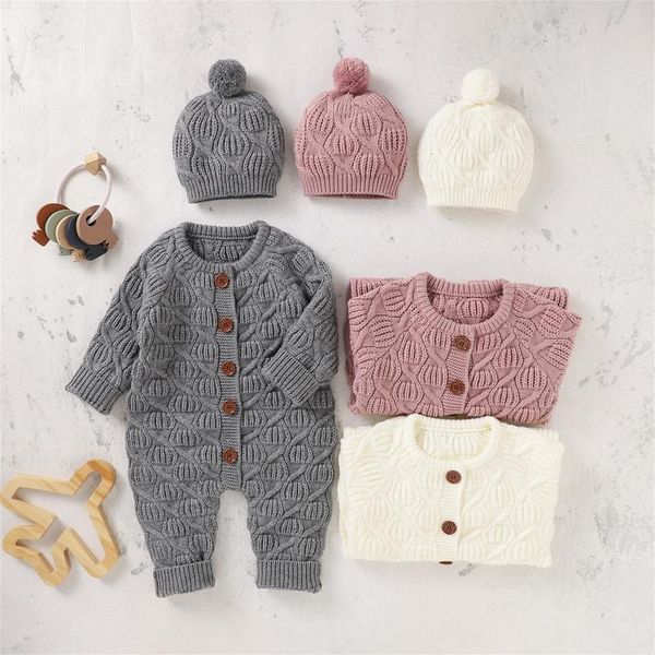 

jumpsuits baby rompers long sleeve infant boys girls clothes autumn solid knitted born toddler kids overalls+caps, Blue