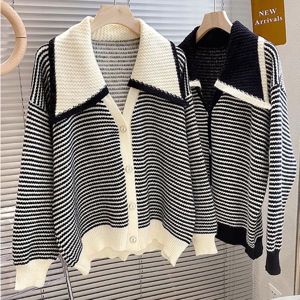 

women's knits & tees all-match lapel striped korean knitted cardigan women 2021 autumn and winter loose sweater jacket, White