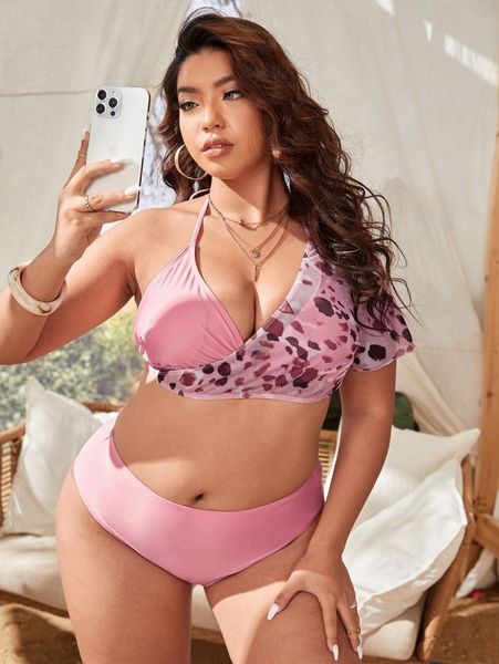 

3pack plus leopard halter bikini swimsuit & cover up 70ek#, Black