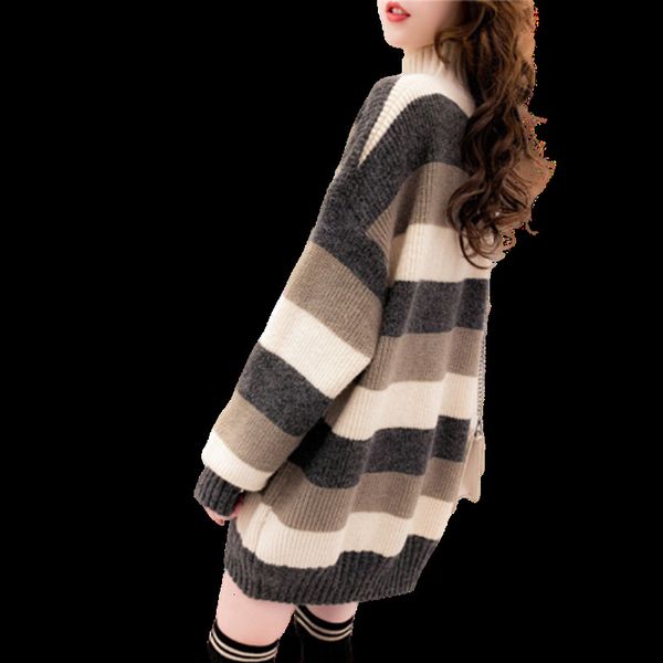 

2021 new women's high neck polyester striped sweater, office wear, loose, leisure style, trend, spring series rhs1, White;black