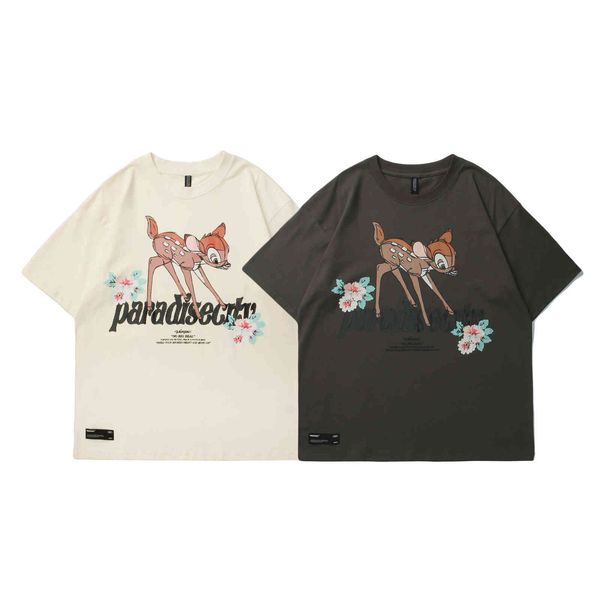 

vamtac 2021 summer new style cartoon fawn fun printing men's and women's relaxed fashion brand couple short sleeves, White;black