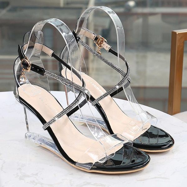 

dress shoes crystal wedge high heels open toe large size women's pvc sandals, Black