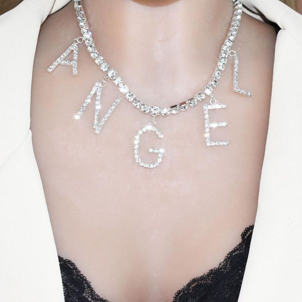 

chains diy letter necklace a-z name custom jewelry punk personality fashion rhinestone women gothic statement choker gifts bijoux chain, Silver