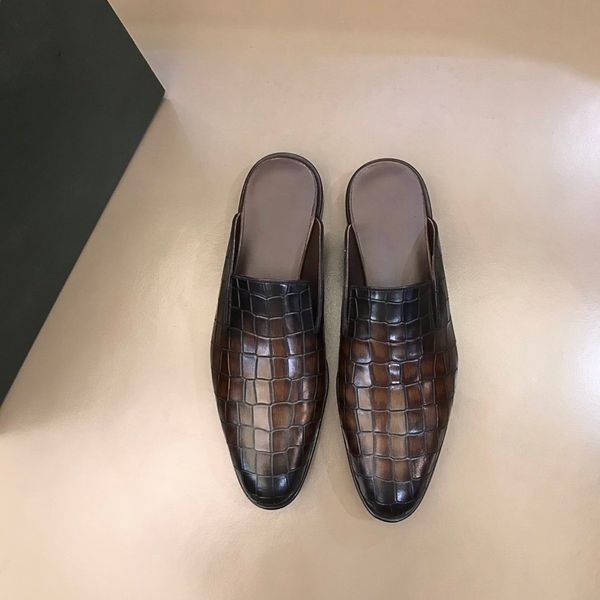 

men true leather slippers slide sandals designer causal non-slip slides summer crocodile grain flip flops slippers with box size 6-11, Black