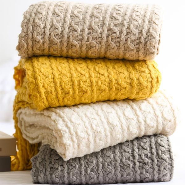 

blankets solid knitted blanket travel grey khaki sofa throw with tassels air condition 127x170cm/127x220cm