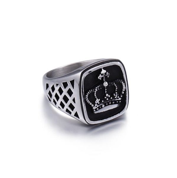 

wedding rings punk vintage trendy stainless steel carved crown square finger biker ring for men's man boys fashion party band jewelry, Slivery;golden