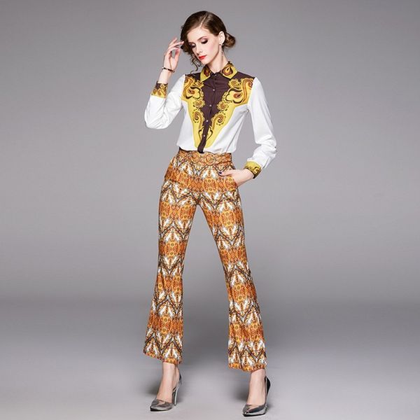 

spring fashion pant set suits women's turn-down collar bow tie shirt vintage floral printed trousers suit 2 pieces set 210514, White