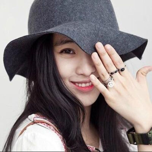 

berets elegant british style soft wide brim pure wool felt bowler hat fedora dome bucket for women floppy cloche chapeu feminino k, Blue;gray
