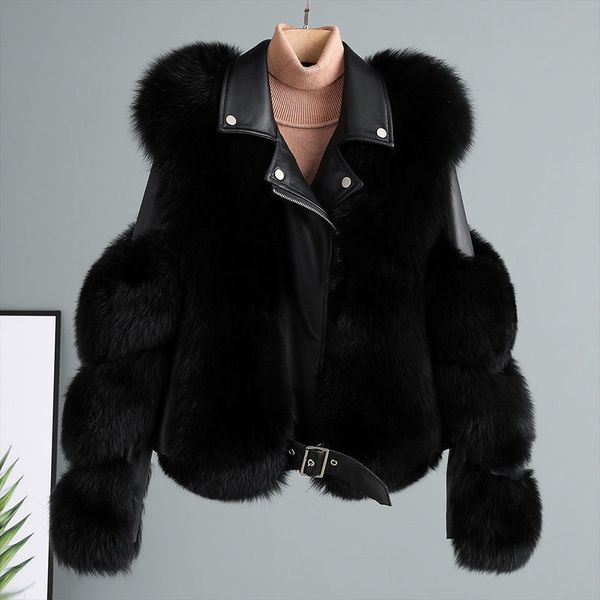 

Women Faux Fur Coat with Winter Fashion 2022 New Motocycle Style Luxury Fox Fur Leather Jackets Woman Trendy Overcoats, White